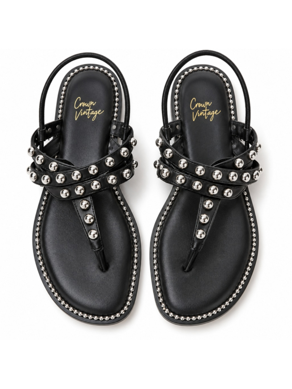 Crown Vintage Banya Sandals 7.5 Black Silver Studded Strappy Thong NWOB